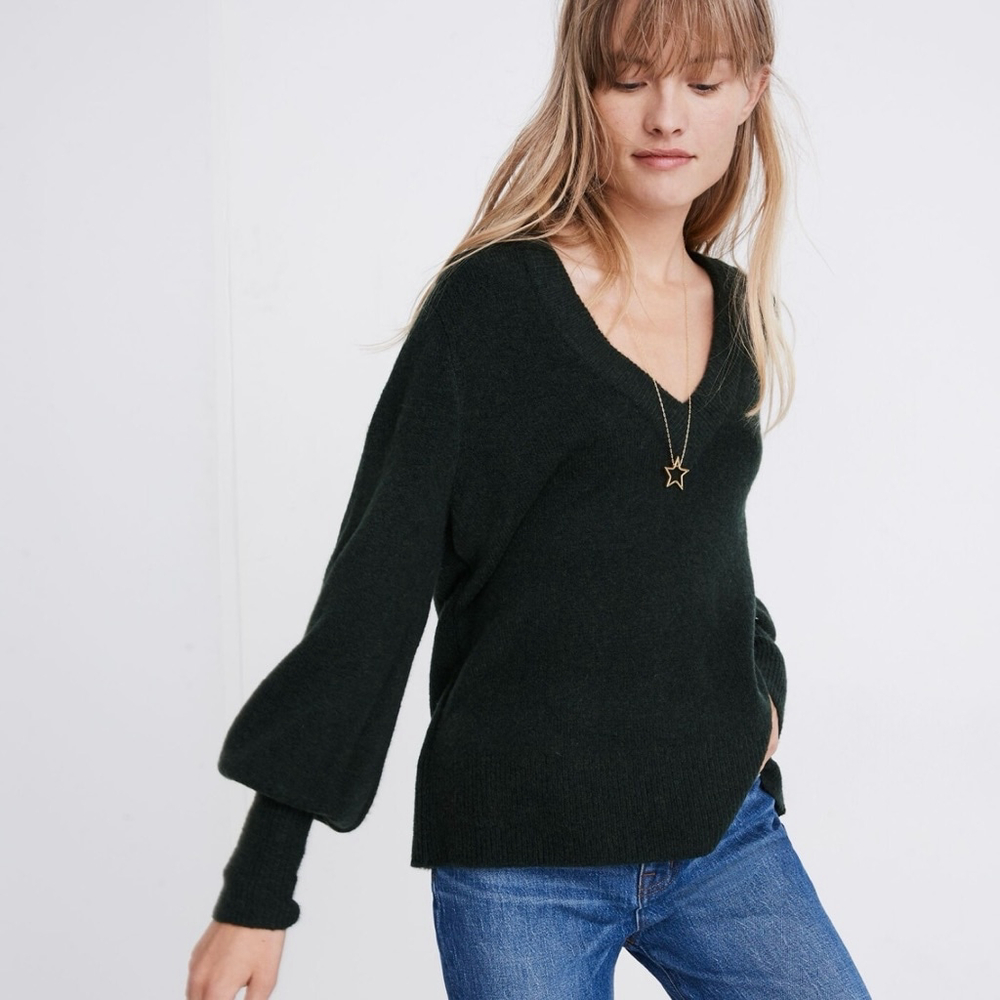 Madewell Dashwood Wool Blend Sweater Bishop Sleeve V Neck Dark Grey Size Small
